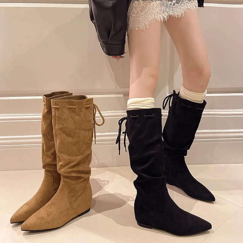 Spring 2026 New High-top Fashion Boots for Women: High Heels Within 5CM, Thick-heeled, Pointed Toe, Suede, and Long Boots，35-42