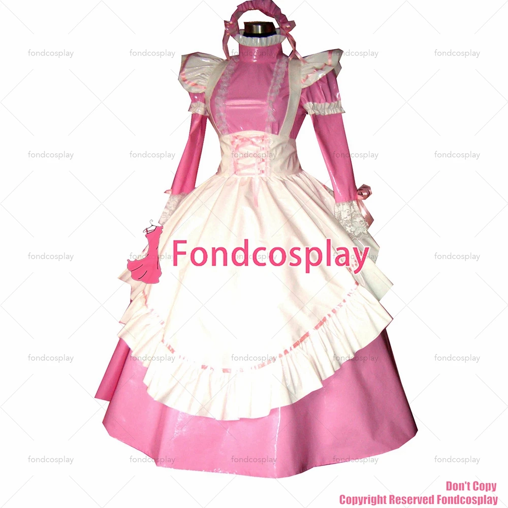 fondcosplay adult sexy cross dressing sissy maid long Pink thin Pvc Dress Lockable Uniform white apron Costume CD/TV[G317]