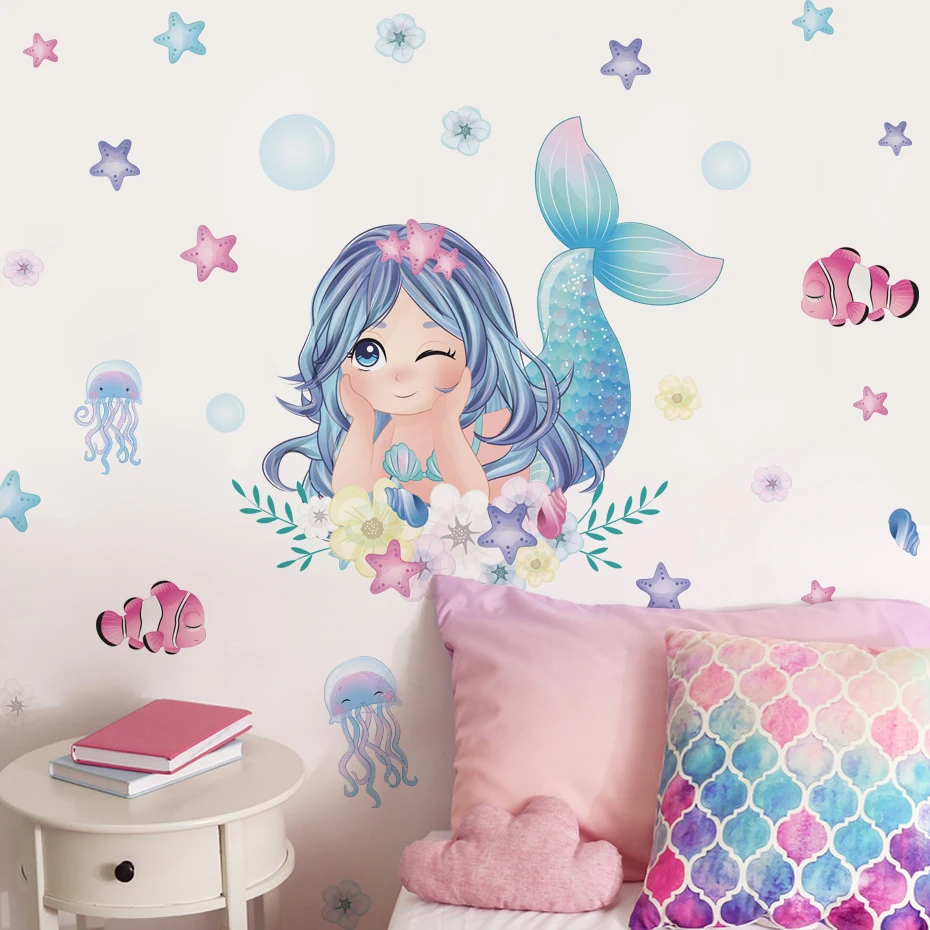 Cute Mermaid Clownfish Starfish Wall Stickers for Kids Room Bedroom Living Room Home Decoration Wall Decals