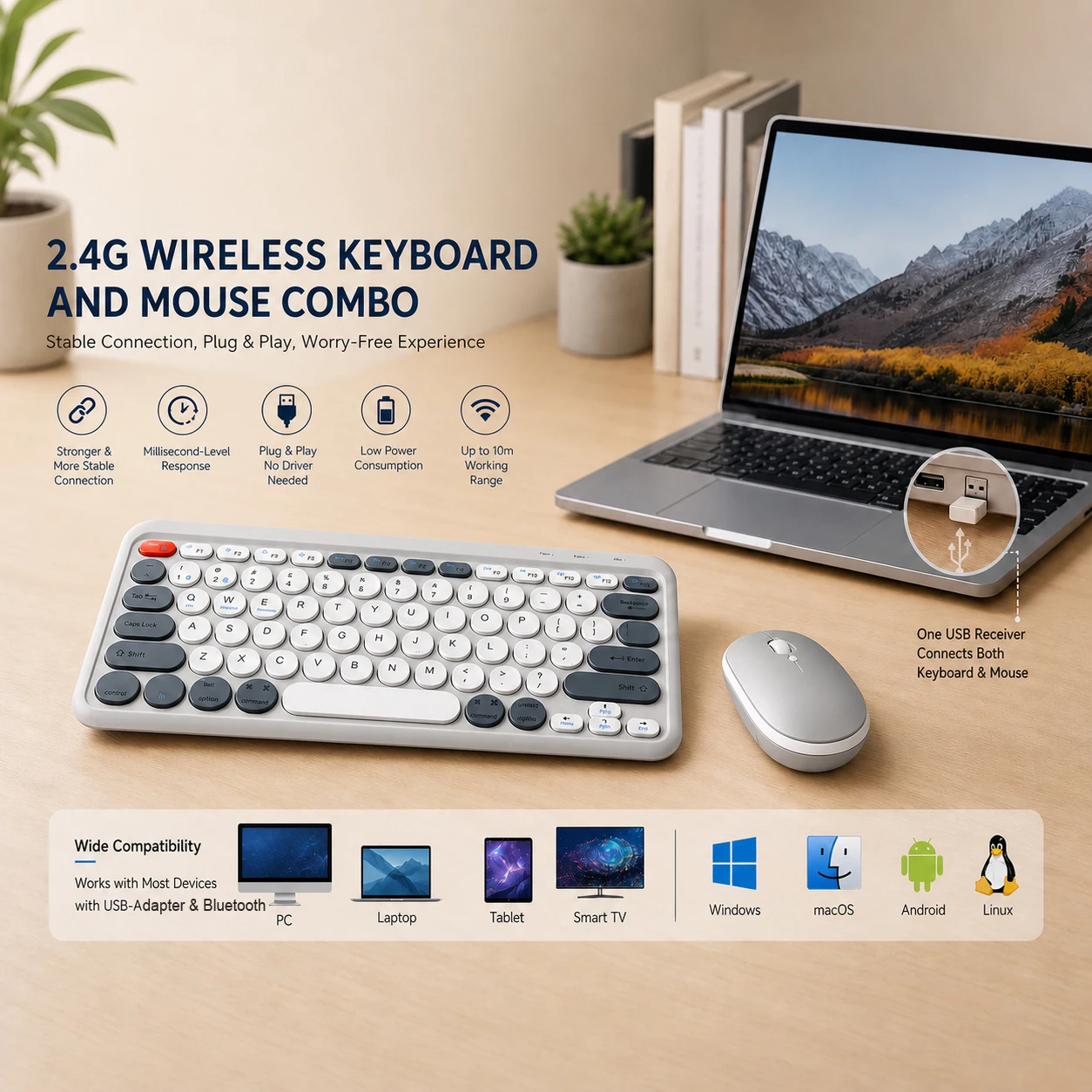 Portable Wireless Keyboard Mouse Combo Typewriter Retro Round Mixed Colors Dual Mode Bluetooth5.0 & 2.4G for Windows Android iOS