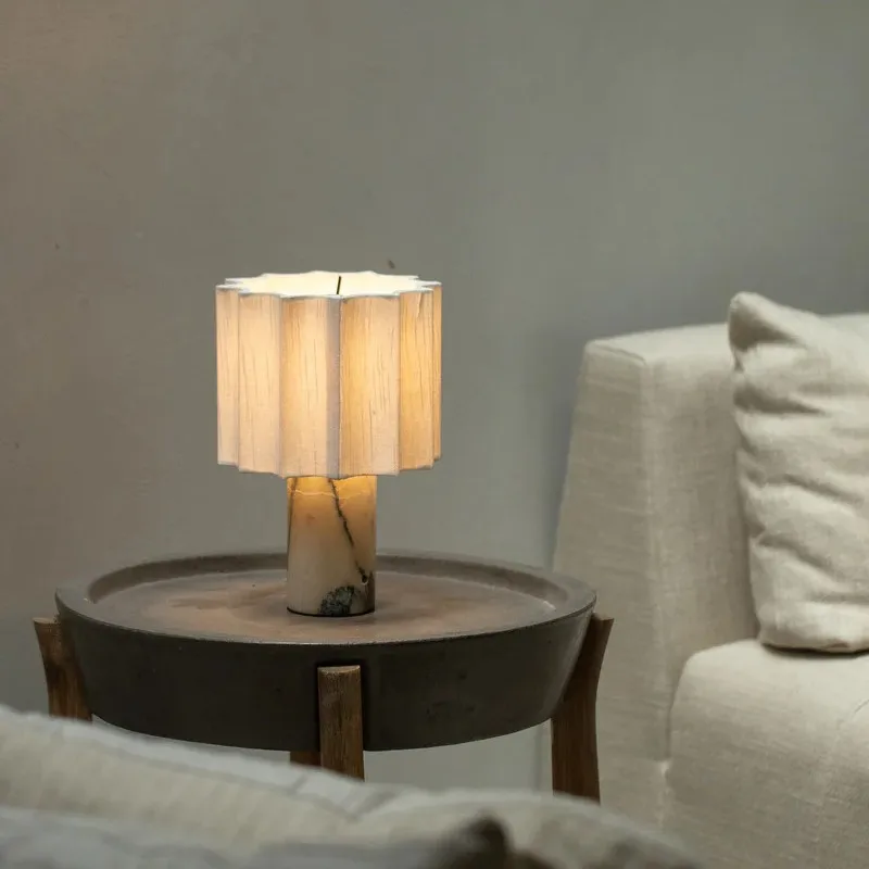 

Modern Minimalist Marble Table Lamp With Pleated Fabric Shade For Living Room Bedroom Headboard Bar Touch Control Decor