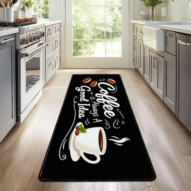 Coffee Theme Letter Print Runner Rug Retro Kitchen Home Decor Carpet Coffee Cup Pattern Hallway Living Room Decor Non-Slip Mat
