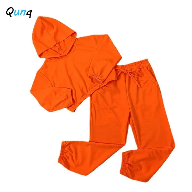 Qunq 2023 Spring Girls Solid O Neck Long Sleeve Crop Top+Pants 2 Pieces Set Street Fashion Sporty Casual Kids Clothes Age 3T-8T