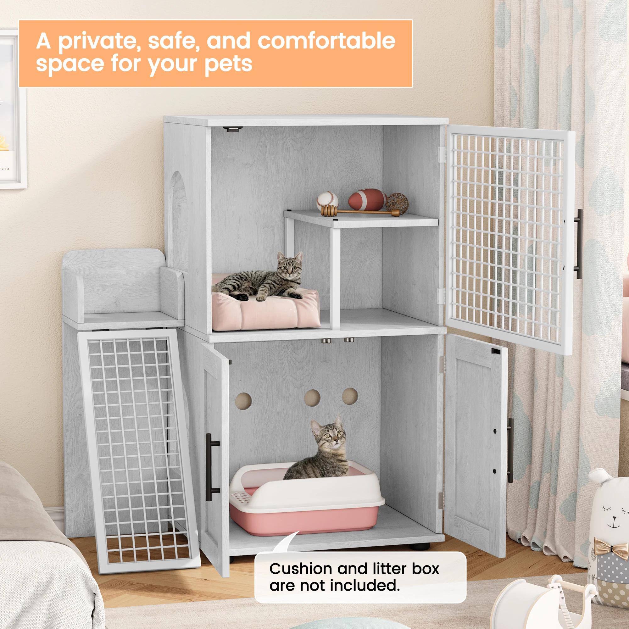 Double Layer Cat Litter Box Furniture Cat Litter Box Enclosure with Entertaining Platform Modern Villa Cat Cabinet with Ladder