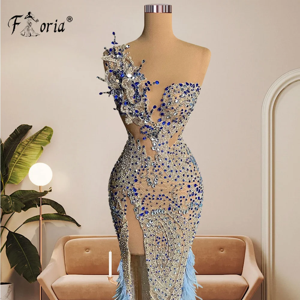 Vestido De noche transparente con cuentas De cristal, traje Formal De sirena azul con plumas, apliques con abertura, túnicas árabes De Dubái