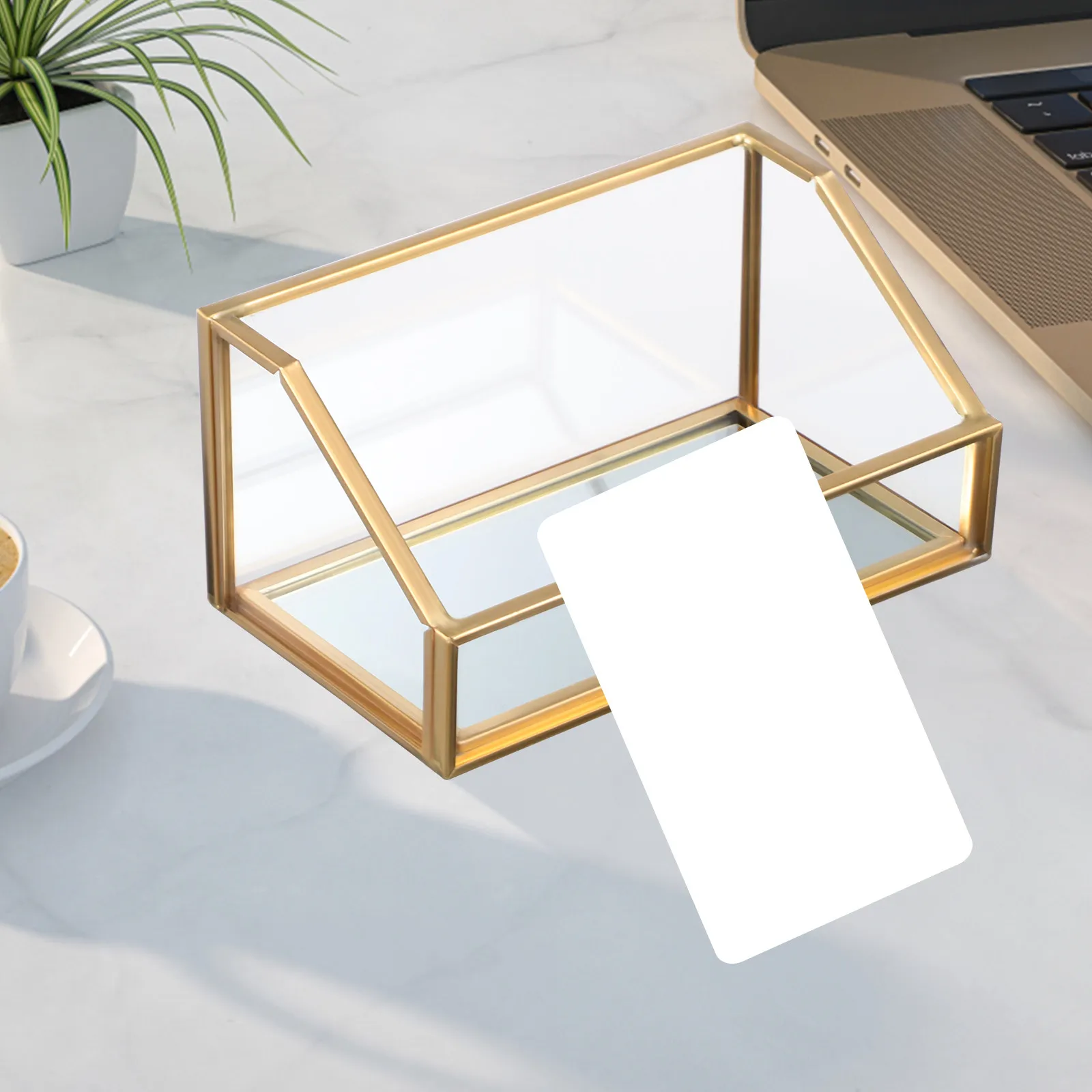 Glass Business Card Holder Organizer Brass Clear Display Compact Office Desk Multiuse Desktop
