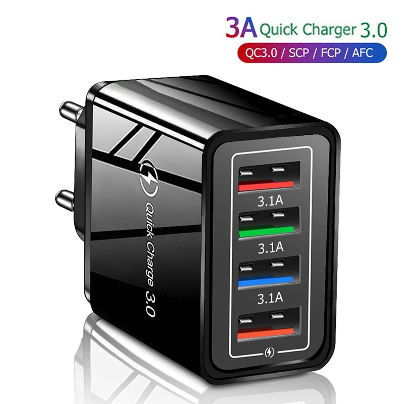 4 Ports USB Charger Quick Charge 3.0 Phone Adapter For iPhone 13 12 Pro Max Huawei Samsung Google Wall Multiple USB Fast Charger