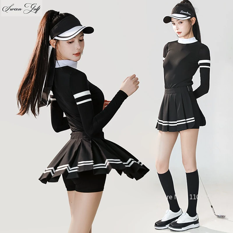 SG New Golf Women Striped Long-sleeved T-shirt Autumn Spring Warm Tops Ladies Fashion Sports Golf Pleated Skirts with Short
