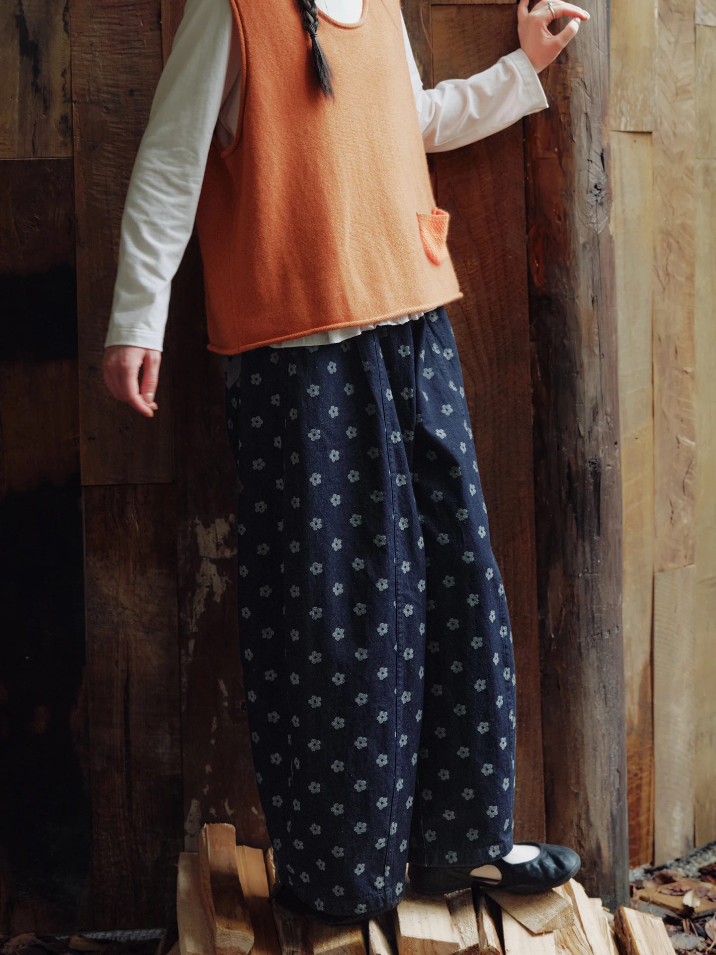 Blue Cotton Linen Balloon Jeans Women's Loose Fit Elastic Waist Floral Print Resistant to Fading Autumn Season Casual Trousers