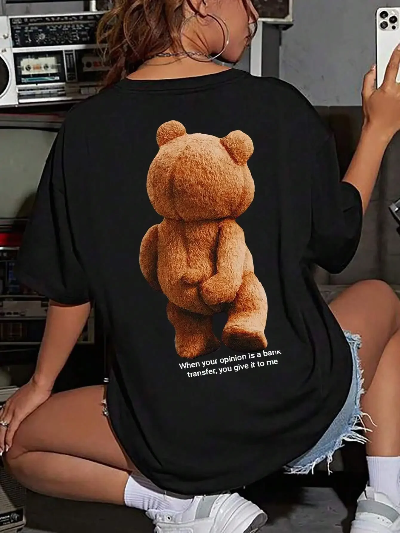 Cotton Women T-Shirt Cute Cartoons Teddy Bear Printing Tops Breathable Summer Loose Short Sleeve Casual Fashion Crewneck Clothes