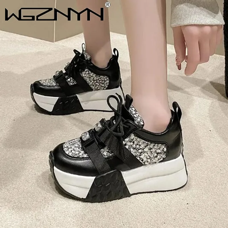 

2024 New Women Spring Chunky Sneakers Thick Bottom Leather Shoe High Platform Vulcanize Shoes Bling Casual Sports Dad Shoes