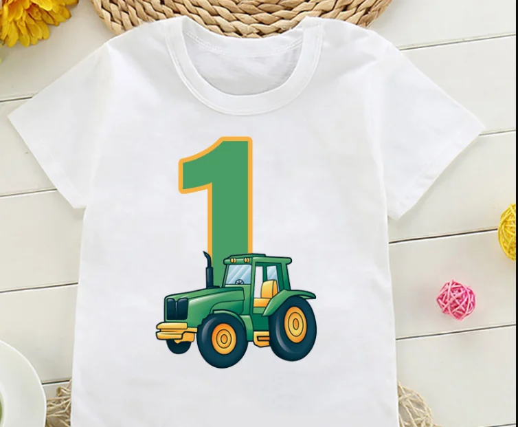 Bonito agricultor trator 1-8 anos de idade feliz aniversário t camisa crianças festa de aniversário presente engraçado t camisa topos