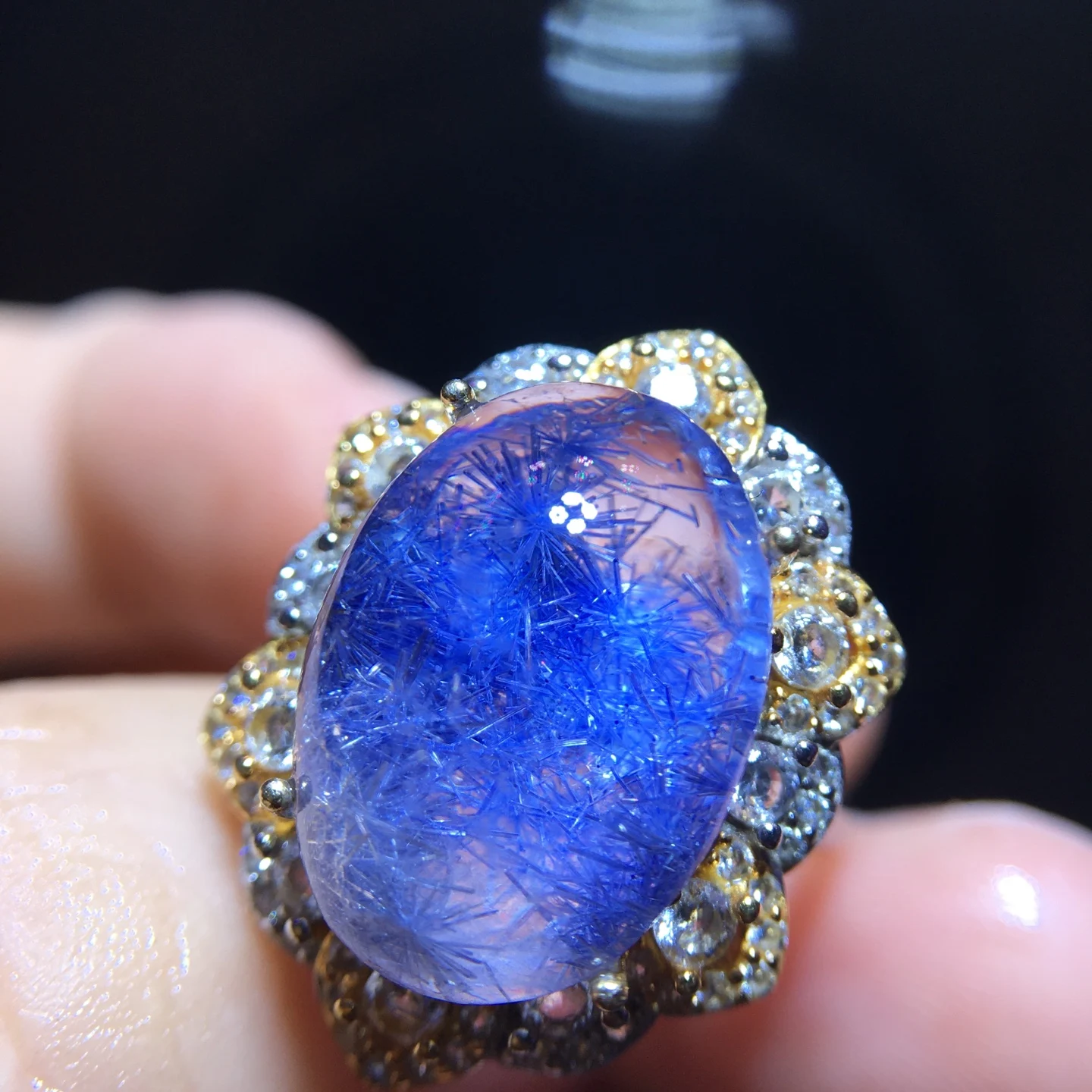 Natural Blue Rutilated Flower Adjustable Ring 115.5/11.1mm Woman Men Ring Rutilated Quartz Jewelry AAAAAAA