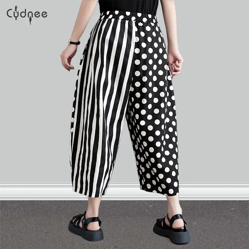 Womens High Waist Wide Leg Long Pants Double Tuck Palazzo Pants Patchwork Polka Dot Wide Leg Trousers