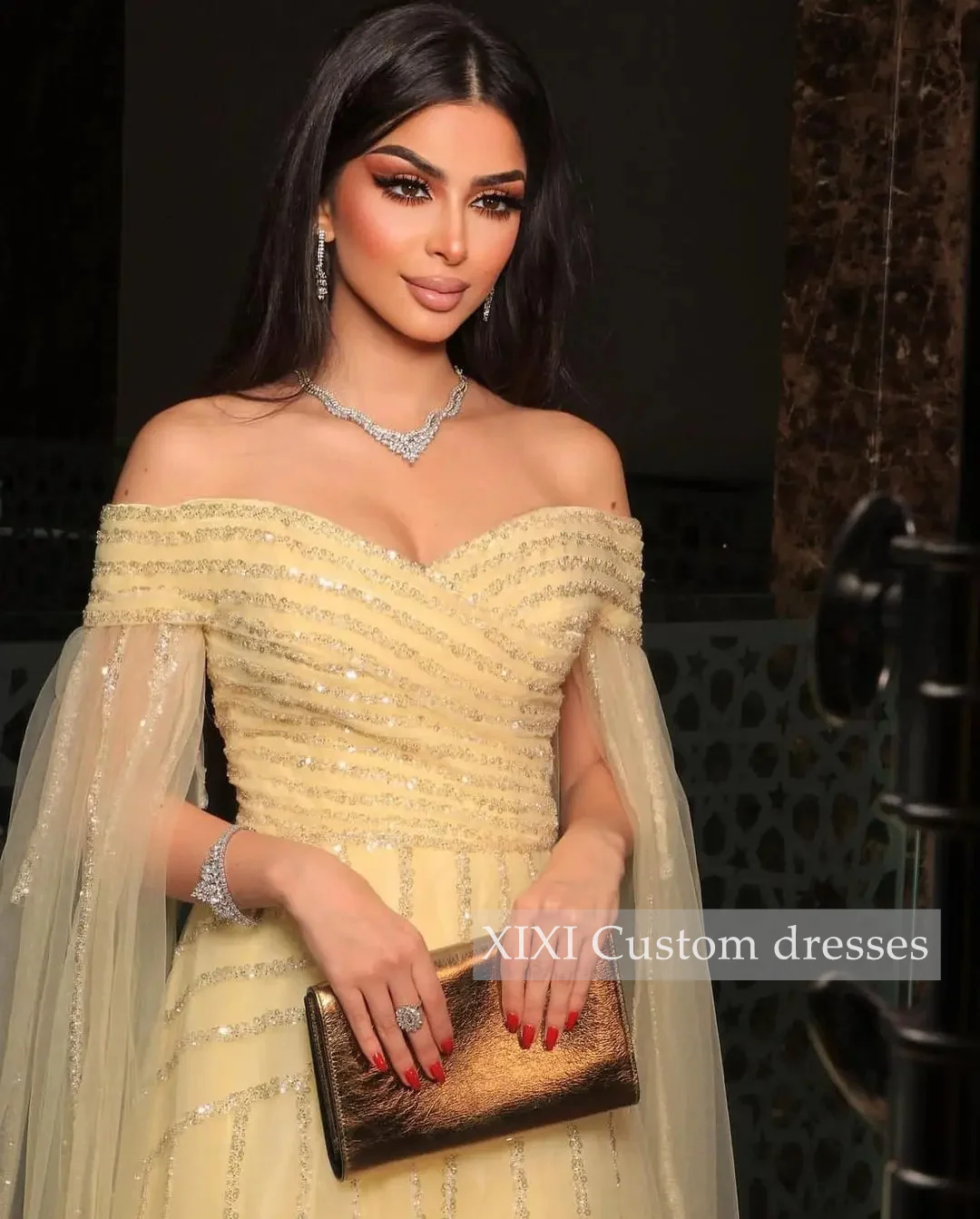 XIXI  فساتين سهرة Yellow A-Line Off-The-Shoulder Neckline Floor-Length Beadings Zipper Up Sleeveless Dubai Evening Dress 2024