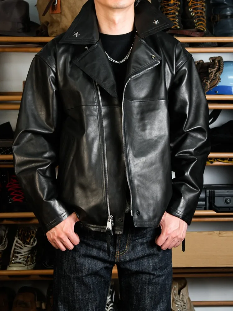 High Quality Cowhide Genuine Leather Jacket Men Zipper Loose Fit Punk Black Motorcycle Coat Streetwear Male Designer Outerwear