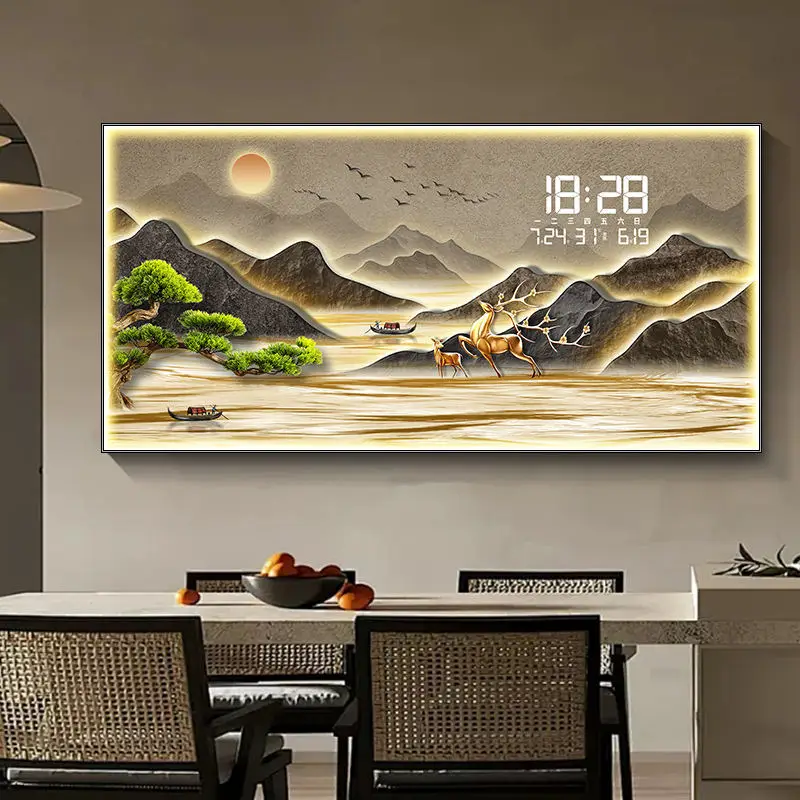 LED Crystal Porcelain Painting Wall Art Digital Clock Landscape Diamond Art Frame For Restaurant Decoration Canvas Support Base - view 3