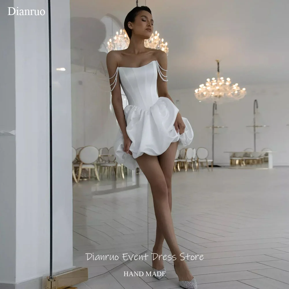 Dianruo White Satin Mini Wedding Dress A Line Pearls платье на выпускной Pleated Puffy Girly Dress Party Dresses Customized