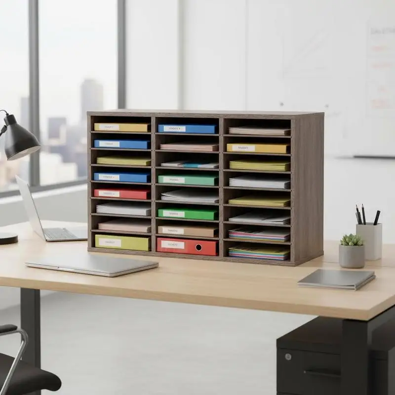 Organisateur de documents, 27 compartiments, boîte aux lettres de bureau en bois, panneau de particules, avec étagères amovibles, trieur de fichiers pour dossiers, documents, papiers, noir-gris