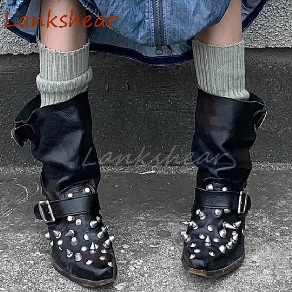 Rivet Round Toe Women Boots Belt Buckle Fashion Solid Mid Calf Niche Design Slip On Punk Summer Patent Leather Women Shoes