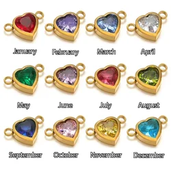10pcs Stainless Steel 12 Months Birthstone Heart Zircon Charms Connector DIY Jewelry Findings Necklace Bracelets Earrings Making