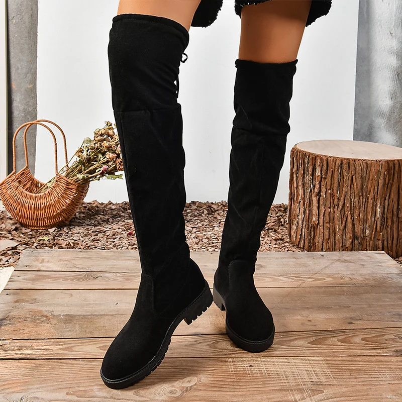 Women Flats Over The Knee Boots Suede Retro Designer Shoes Winter Classic Motorcycle Boots 2024 New Walking Goth Femme Zapatos