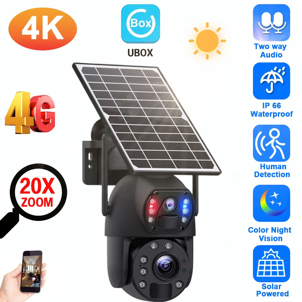 4K CCTV PTZ IP Camera Solar Powered Outdoor 20X Zoom Dual Lens 4G Wireless Security Surveillance Camera Full Color Night Vision