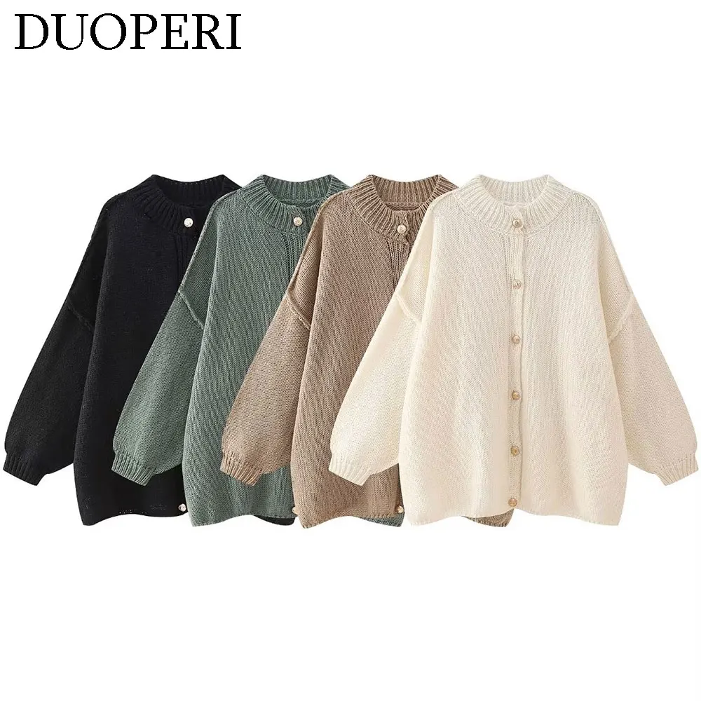 DUOPERI Women Autumn Winter Loose Knitted Sweater O-Neck Long Sleeves Female Chic Lady Casual Outfits