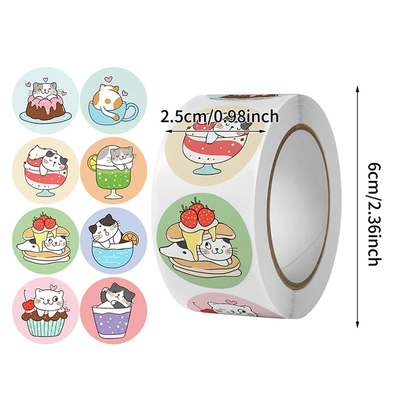 500pcs Cartoon Cat Stickers Round Adhesive Labels For Kids Children Teacher Prize Business Gift Wraps Decorative Stickers