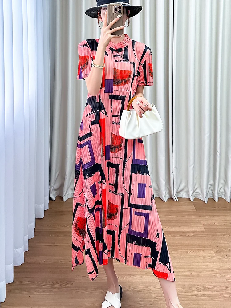 

Elegant Stand Collar Midi Dress Women's Fashion Print Pleated Summer New Arrival Silk Blend Polyester Fiber Commute Style