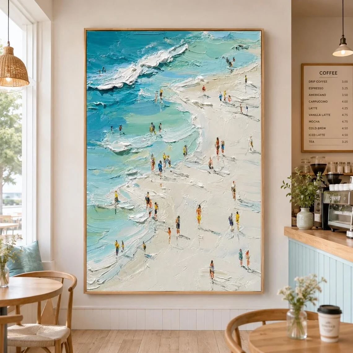 Beach Crowd Painting Textured Seashore Canvas Summer Ocean Wall Art Impasto Coastal Decor Aerial View Beach Scene