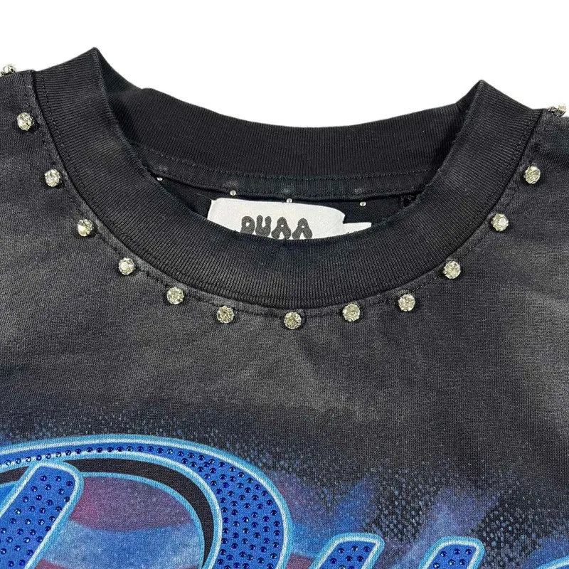 Retro Hiphop Nail Bead Round Neck DUAA Tshirts Rhinestone Blue Motorcycle Pattern Short Sleeve Washed Black Men Women Outfit