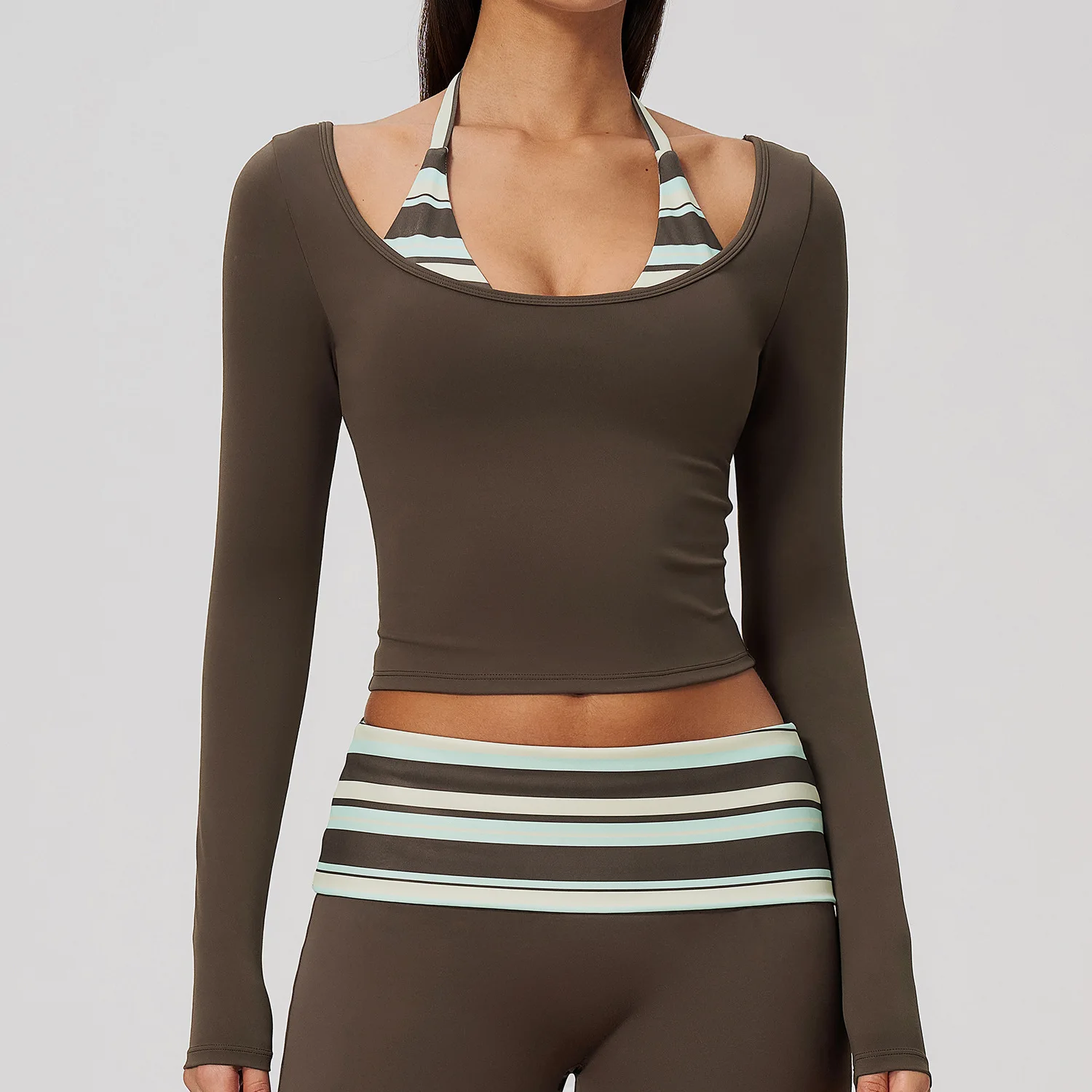 Yoga Long Sleeve Fitness Top Gym Workout Women Halter Stripe Splicing Cropped Active Shirts Breathable Workout Sports Training