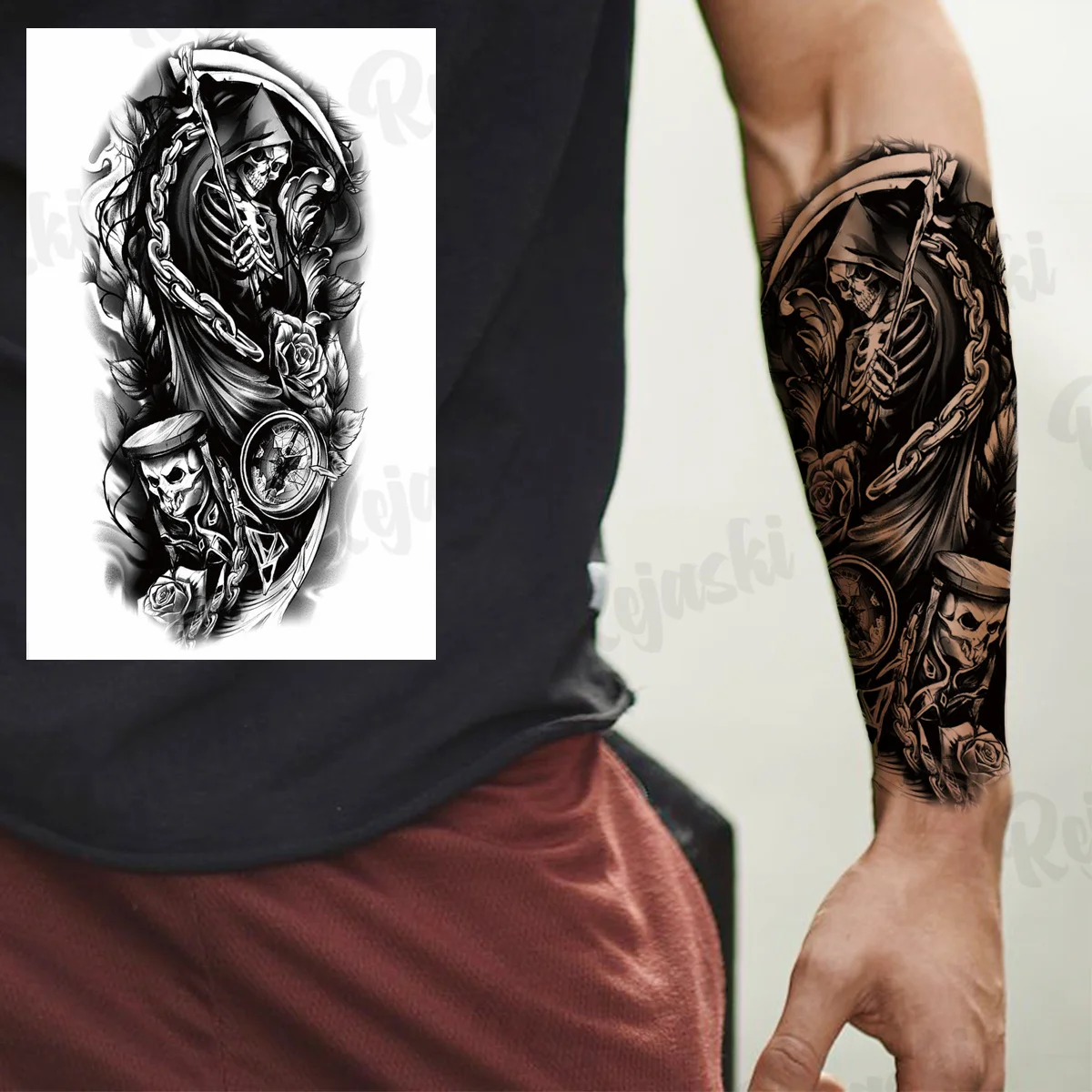 Black Pirate Ship Temporary Tattoos For Men Adults Realistic Scary Vampire Knight Wolf Fake Tattoo Sticker Arm Body Tatoos DIY