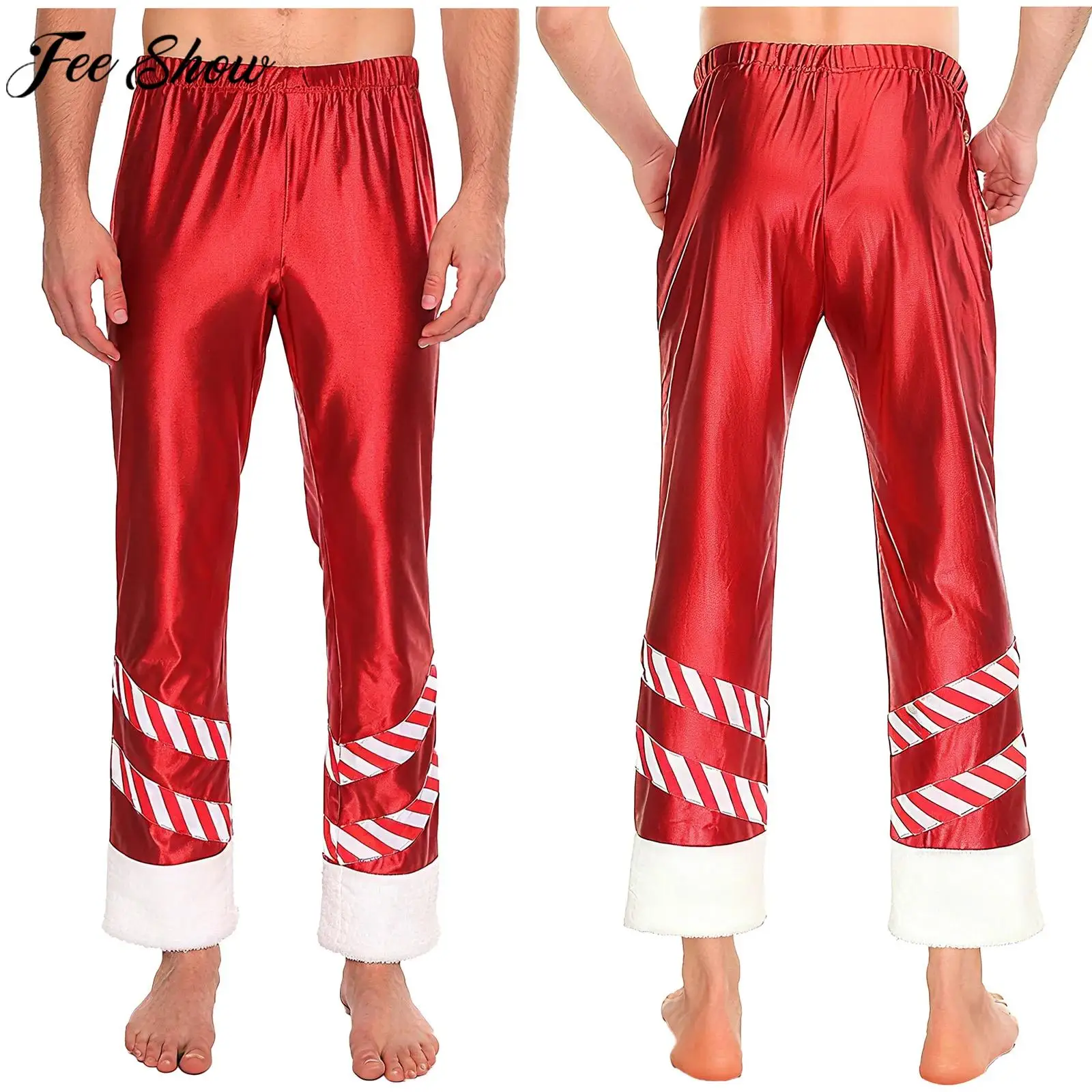 

Men Christmas Santa Claus Cosplay Costume Metallic Shiny Candy Cane Plush Leg Opening Pants for Xmas Eve Carnival Theme Party
