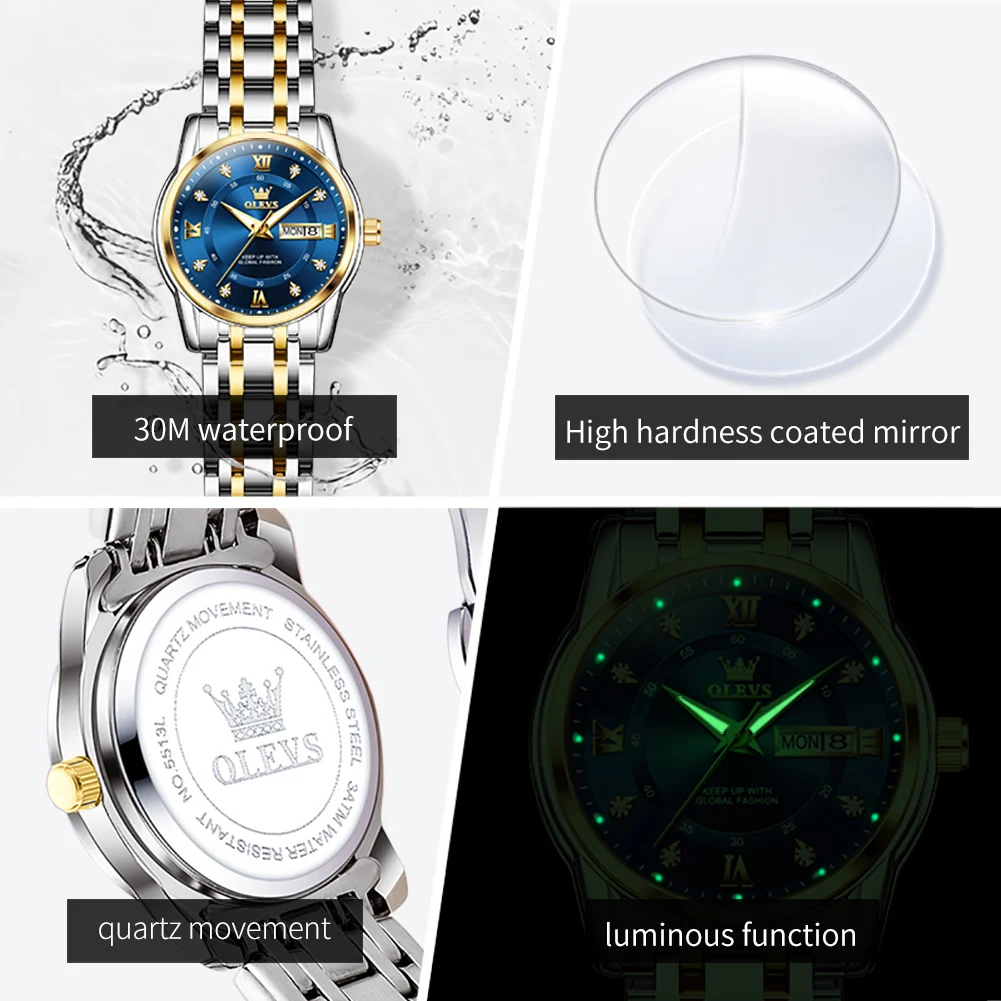 OLEVS 5513 ساعة نسائية أصلية أنيقة كوارتز ساعة مقاومة للماء مضيئة تاريخ الأسبوع ساعات لصندوق هدايا المرأة