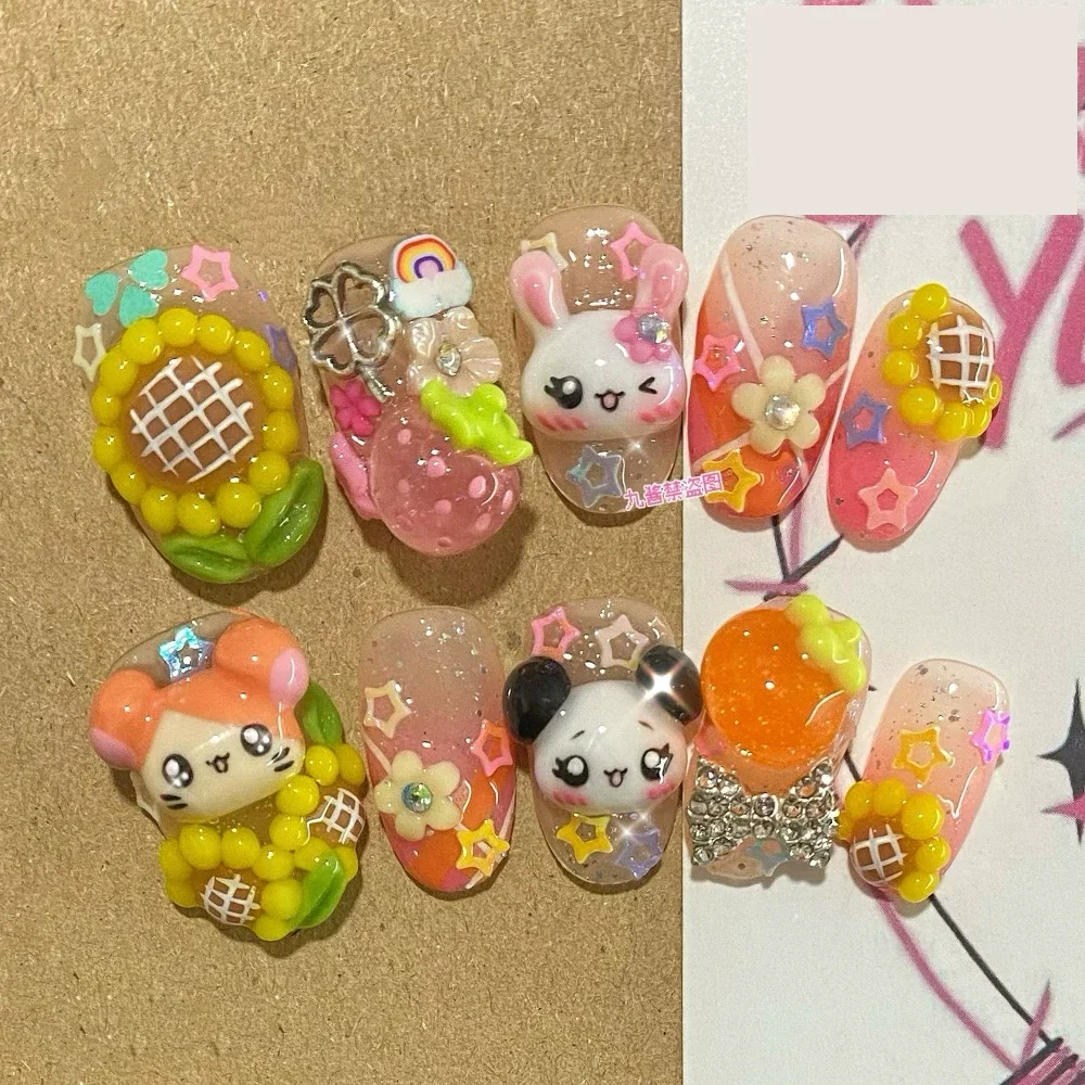 3D Kawaii Cartoon Panda Long Coffin Short Square Ellipse Press On Nails Note Flowers Bow Rhinestone False Nails Gifts