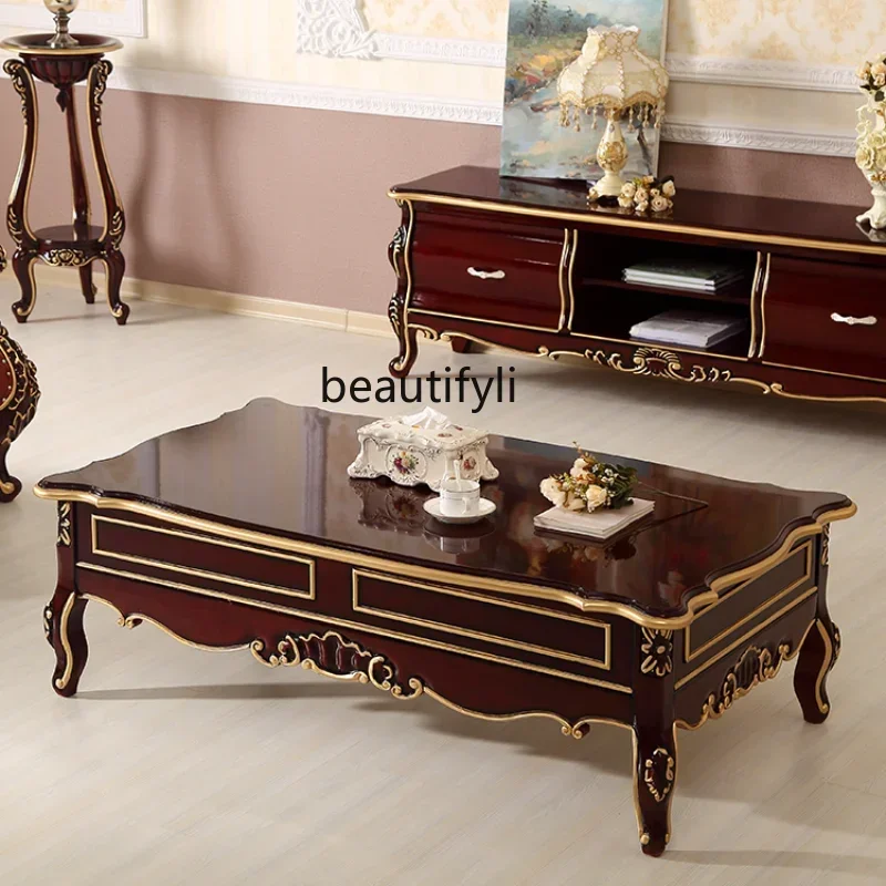 C85 European Style Coffee Table Sofa with Drawer Tea Table Neoclassical Square Table Villa Living Room Solid Wood Carved Tea