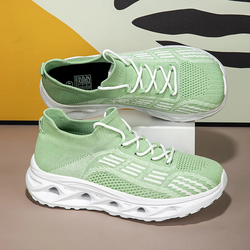 Green Mesh Shoes For Women Breathable Lightweight Thick Soled Height Increasing Casual Shoes Soft Soled Knitted Running Shoes