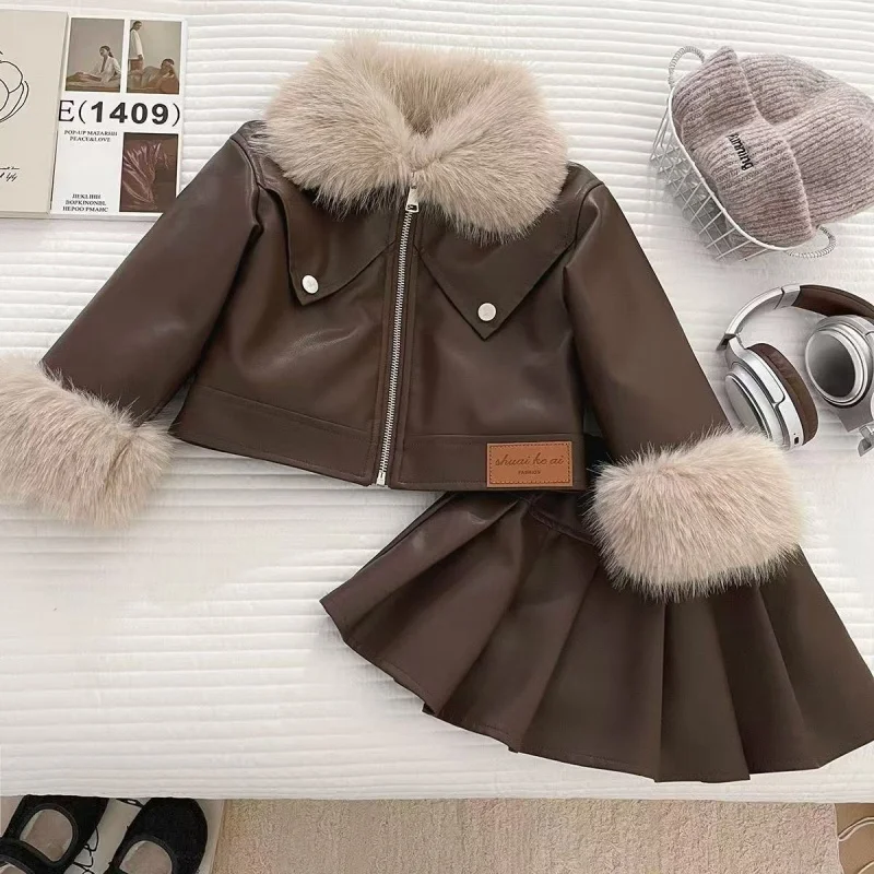 

Kids Girls Spring and Autumn Winter Korean Style Thick Leather Jacket And Pleated Skirt Set Toddler Girl Two-Piece Set