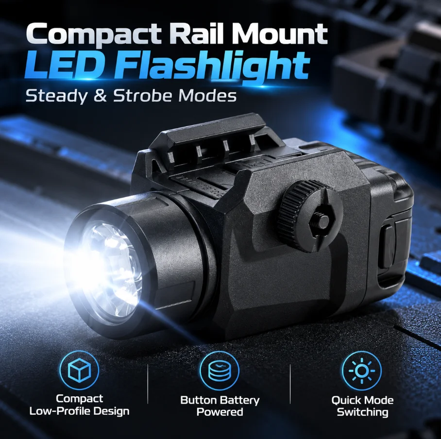 Black Under Mount LED Torch, Constant On & Flash Modes, Portable Outdoor Auxiliary Lighting Tool