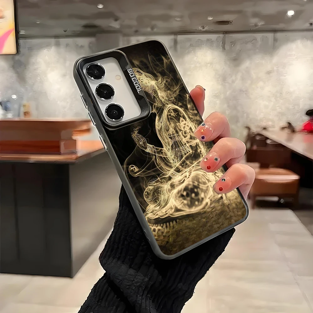 Phone Case for Samsung Galaxy A13 A14 A23 A02S A03 A05 A05S A52 A54 5G Shockproof Grey Silvery Phone Cover Guanyin Line Drawing
