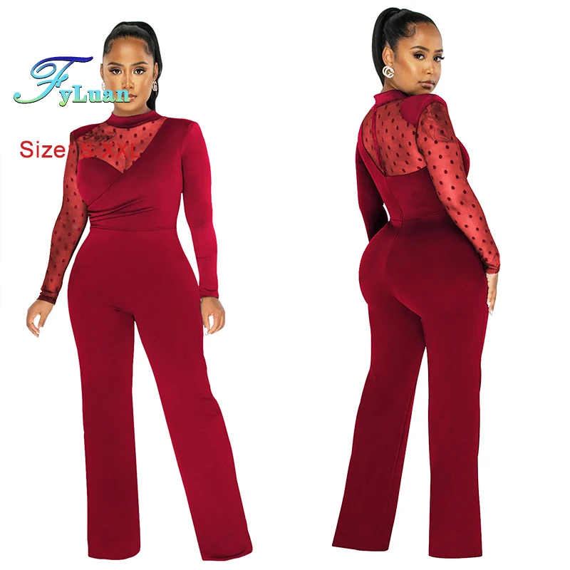 Nuove donne di arrivo maglia trasparente temperamento pantaloni a gambe larghe tinta unita slim o collo collo in pizzo occasione formale ufficio tuta lunga