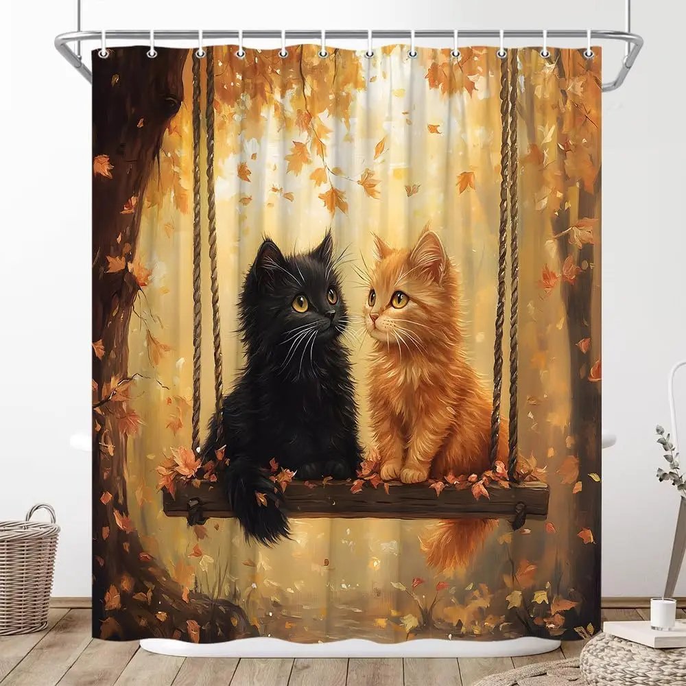 

Осенняя занавеска для душа с изображением кота, милый котенок, желтый, оранжевый, кленовые листья, падающий лист, осеннее забавное животное, деревенский фермерский дом, День благодарения