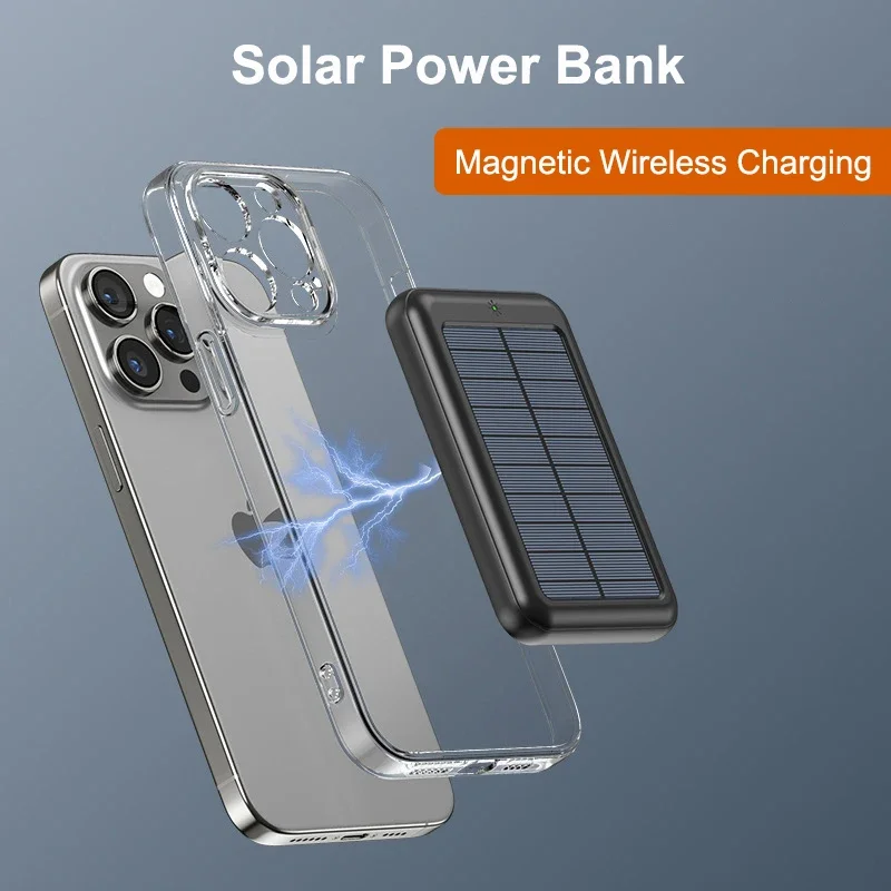 10000mAh Magnetic Wireless Power Bank Portable Charger for iPhone 16 15 14 13 12 Mini Solar External Battery Pack