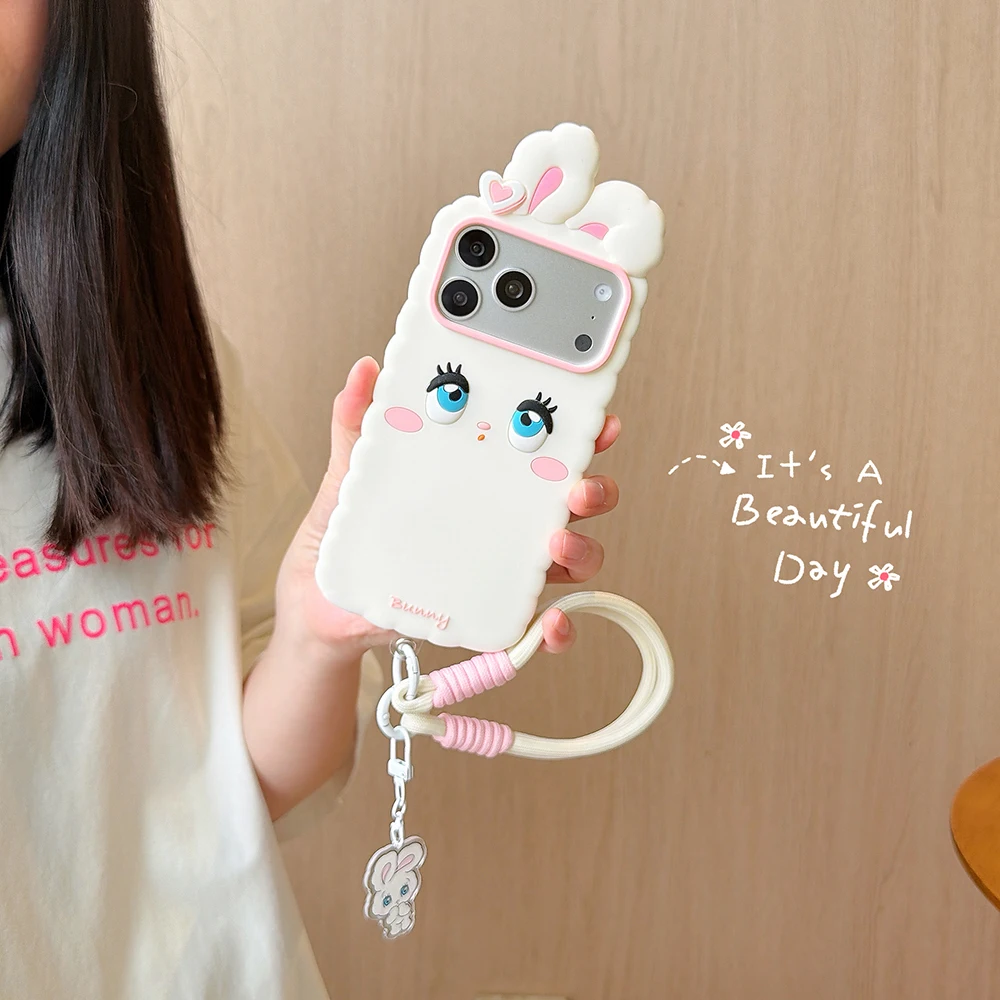 Kawaii 3D Cartoon Hasen-Handyhülle aus weichem Silikon für iPhone 16 17 18 Pro Max, niedliche, stoßfeste Rückseite mit Trageband, Fundas – Detail 13