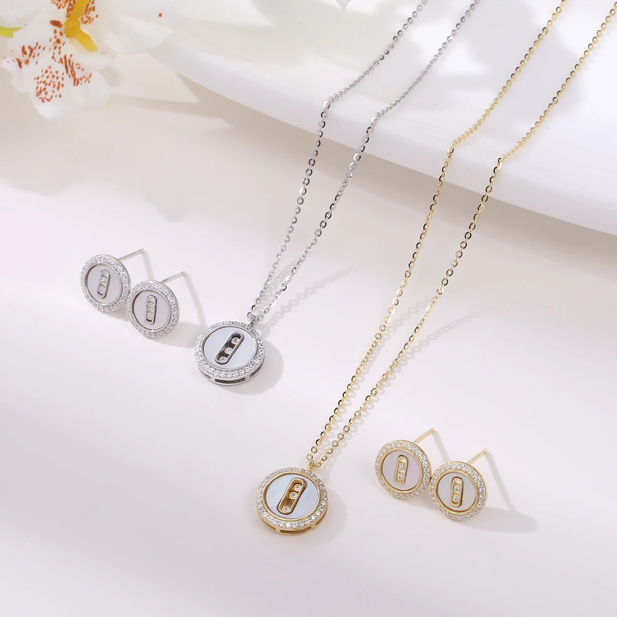 S925 Sterling Silver Sweet Women's Fashion Pendant Necklace & Stud Earring Shell Zircon Round Design Jewelry Accessory All Match