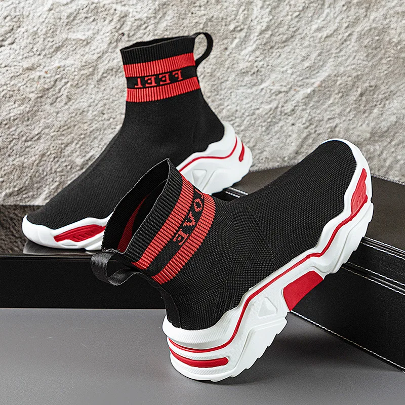 Men's elastic socks shoes Breathable sleeve men's shoes high top board shoes with raised men's elastic ankle boots A01