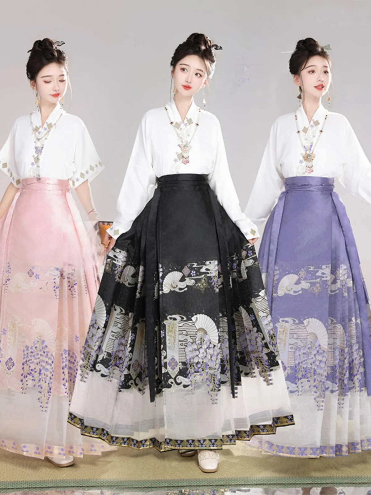 طقم تنورة هانفو الأصلي للنساء باللون الأرجواني بنمط الشرق، تنورة نصفية للخريف والشتاء، تصميم للبالغين، مصنوع من ألياف البوليس...