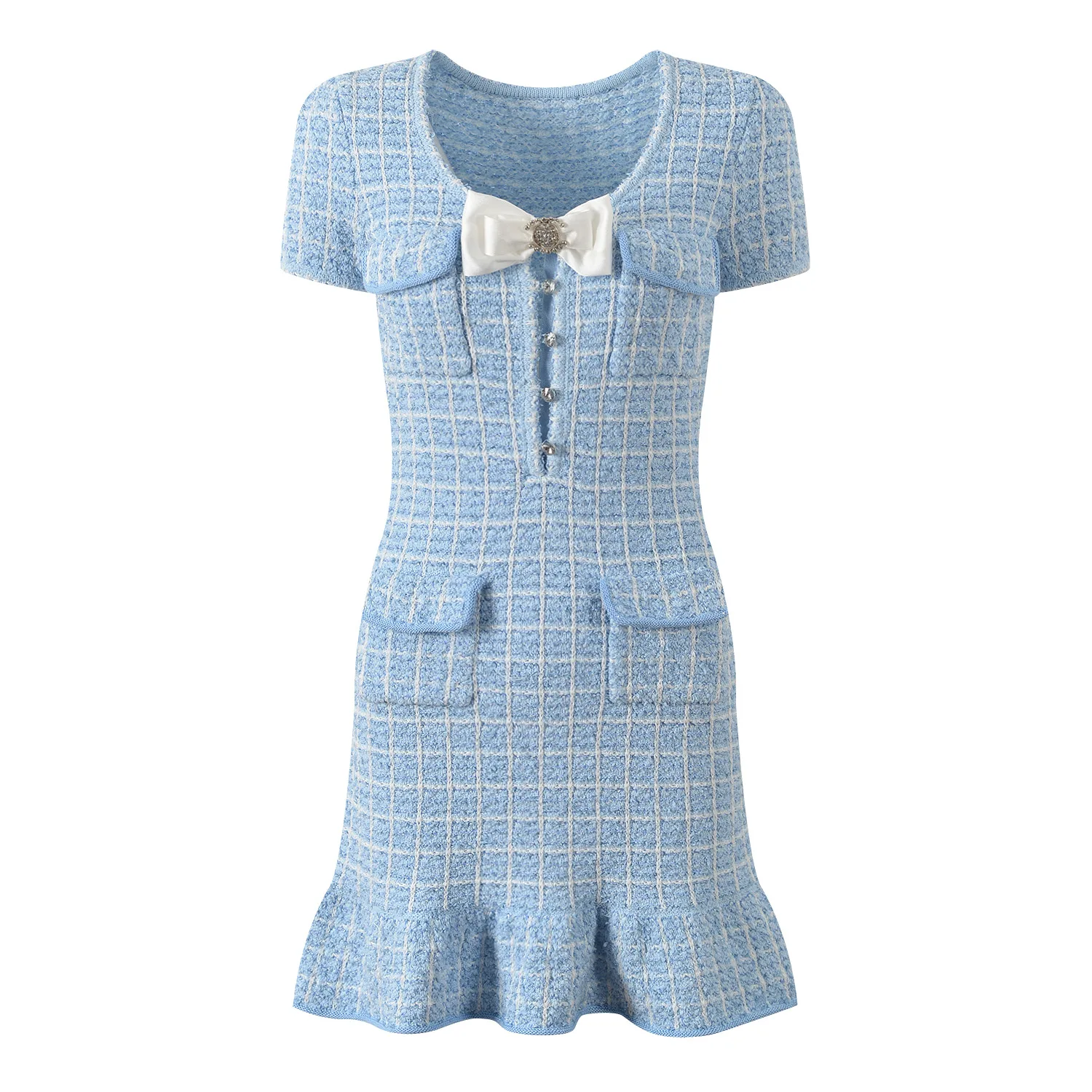 

Spring Summer High Waist A-Line Dr Knot ort Sve Blue White id Slimming ort Dr with Lace Hemline